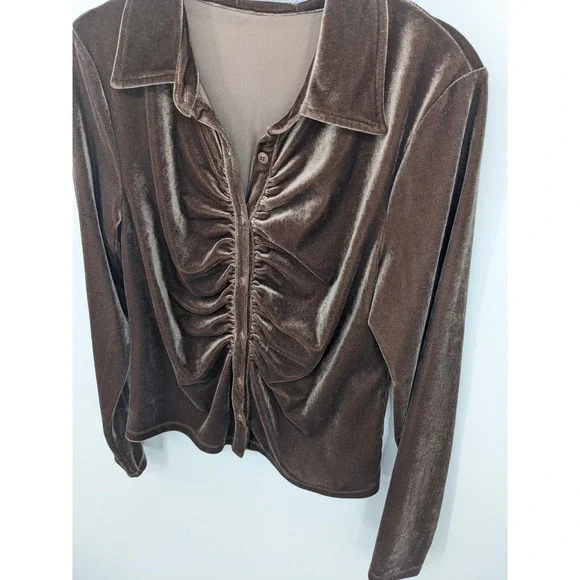 Y2K Velvet Ruched Top Womens Medium Brown Long Sleeve Shirt 90s Goblin‎ Red BKE - Picture 2 of 8